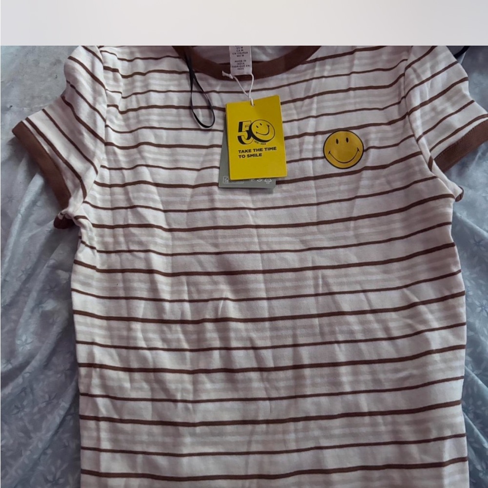 Macy's Brown and White Striped Short Sleeve Tee